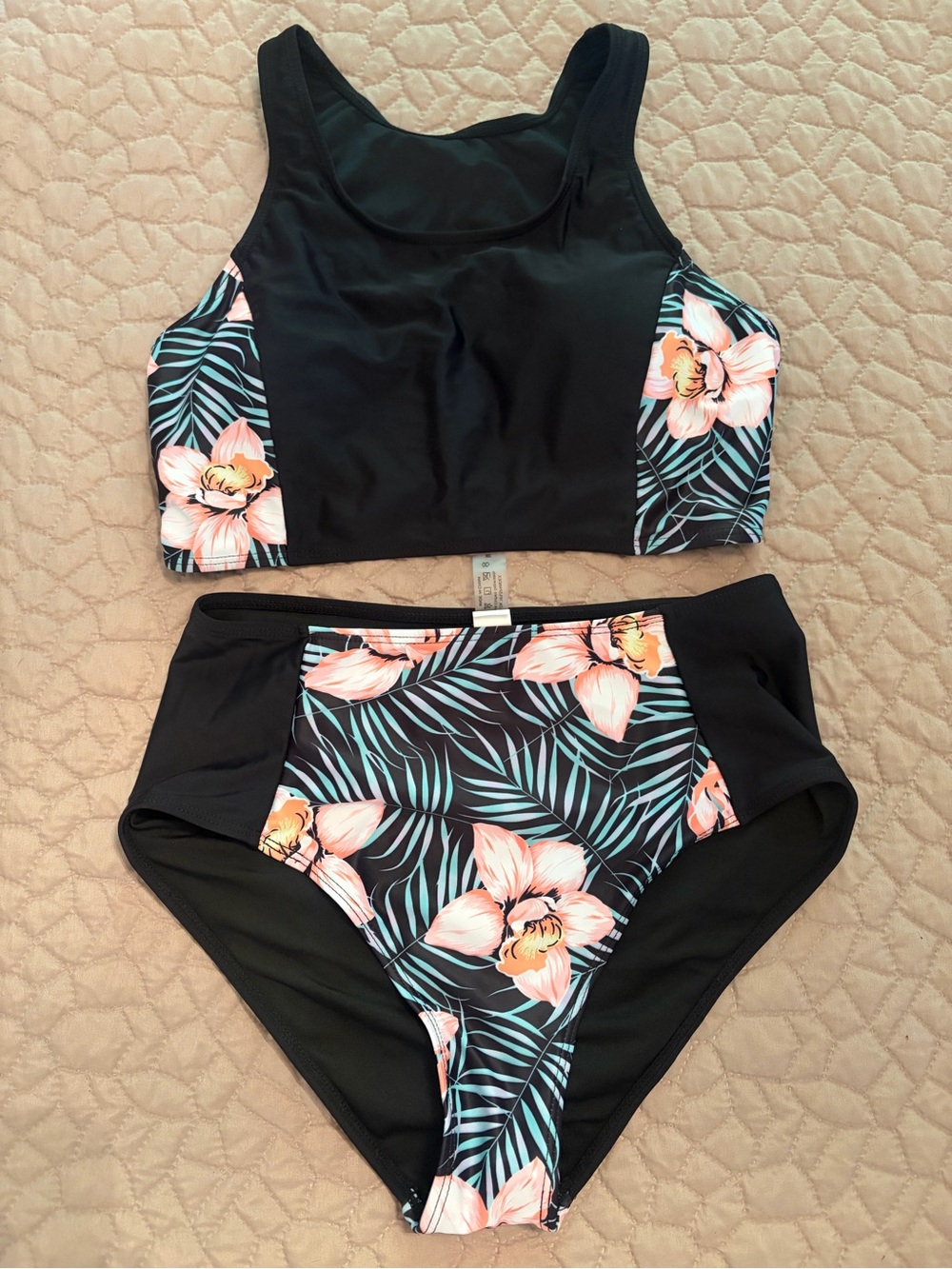 High-Waist Floral Tankini Swim Set - Black with Pink Floral